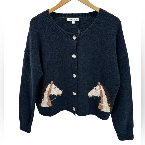 Vigoss Horse Intarsia Knit Cropped Cardigan Sweater Equestrian Preppy Heritage L - Picture 4 of 13